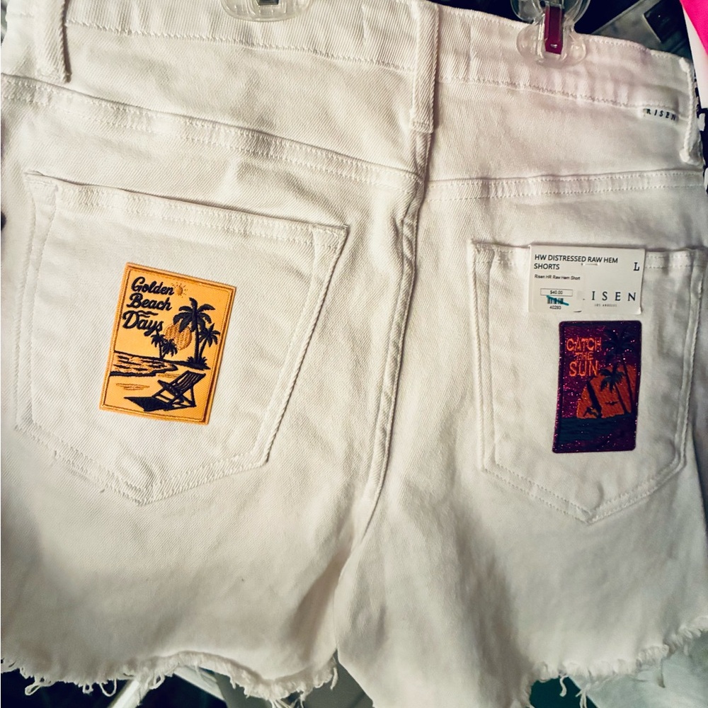 White Denim Jean Shorts with Beach Patches